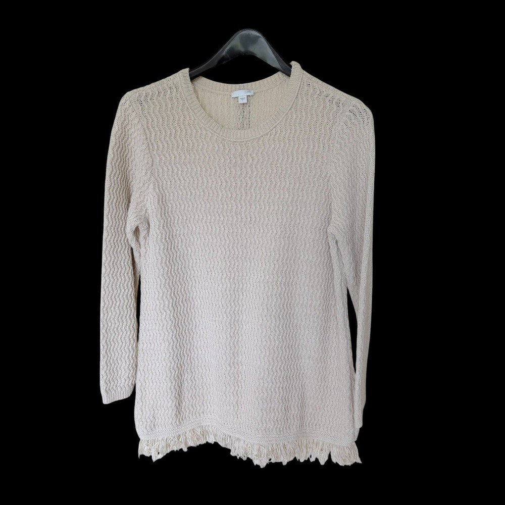 J. Jill Womens Oatmeal Beige Textured Knit Fringe Hem Sweater L Boho Cotton Hole